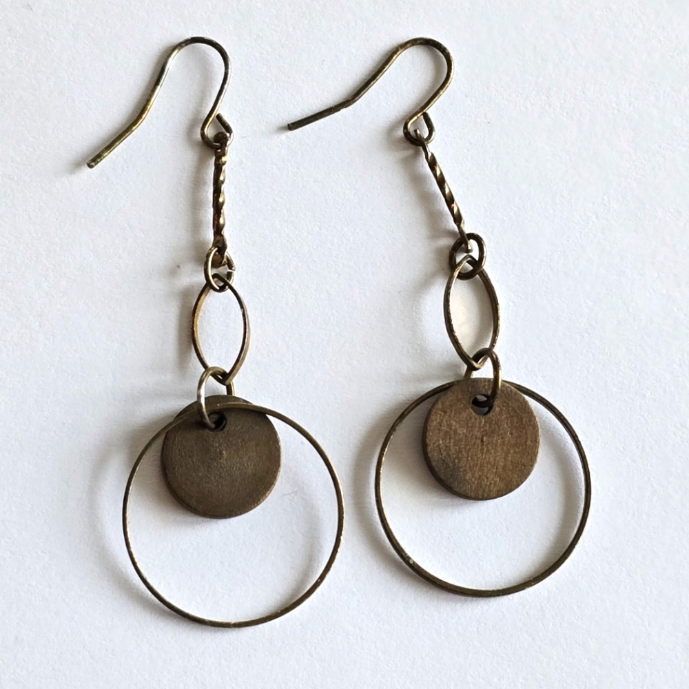 Earrings wood disc dark gold tone metal circle twist bohemian boho